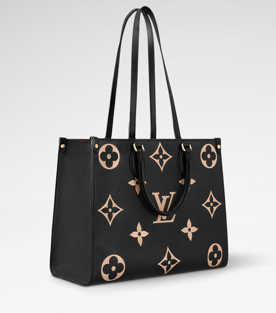 Black handbag with White monogram pattern on a white background