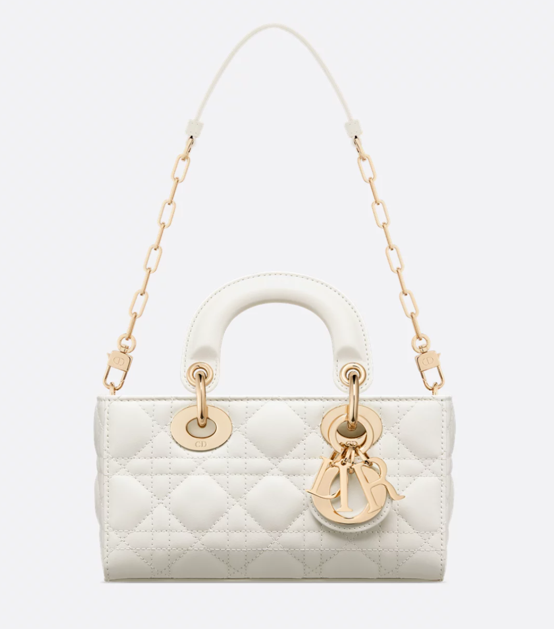 White quilted handbag with gold chain strap and hardware on a white background