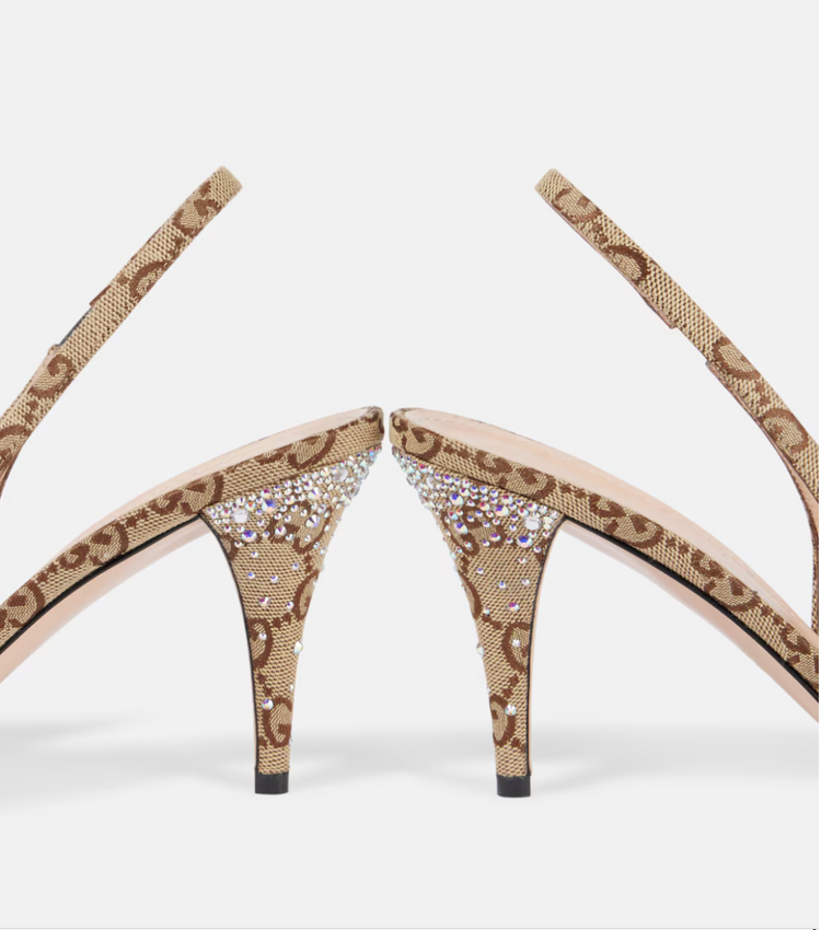 High-heeled shoes with decorative straps and embellishments on a white background