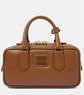 Brown leather handbag with gold accents on a white background