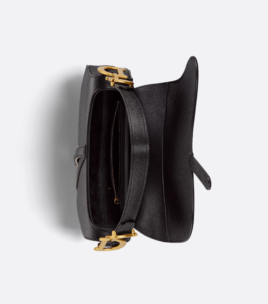 Black handbag with gold clasp on a white background