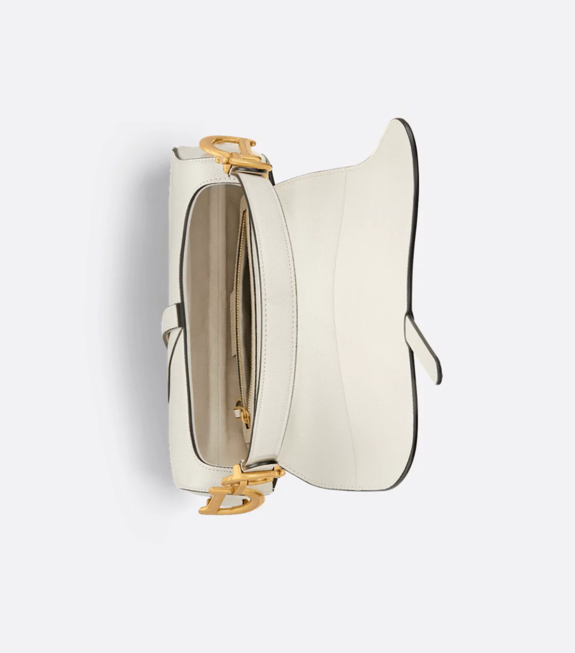 White handbag with gold accents on a light gray background