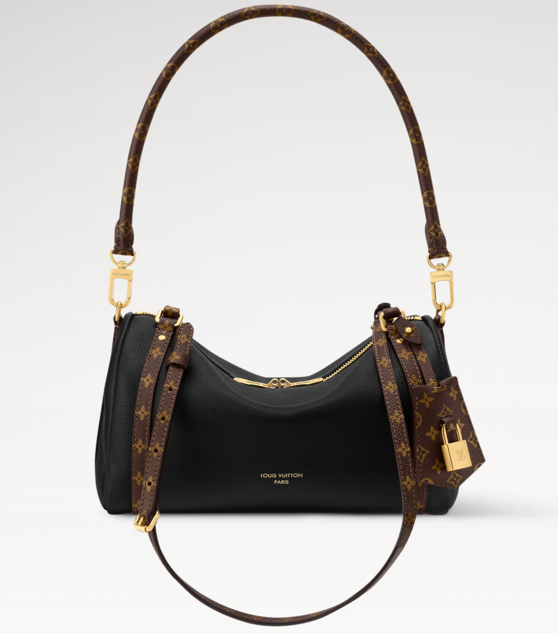 Louis Vuitton handbag with monogram pattern on a light gray background