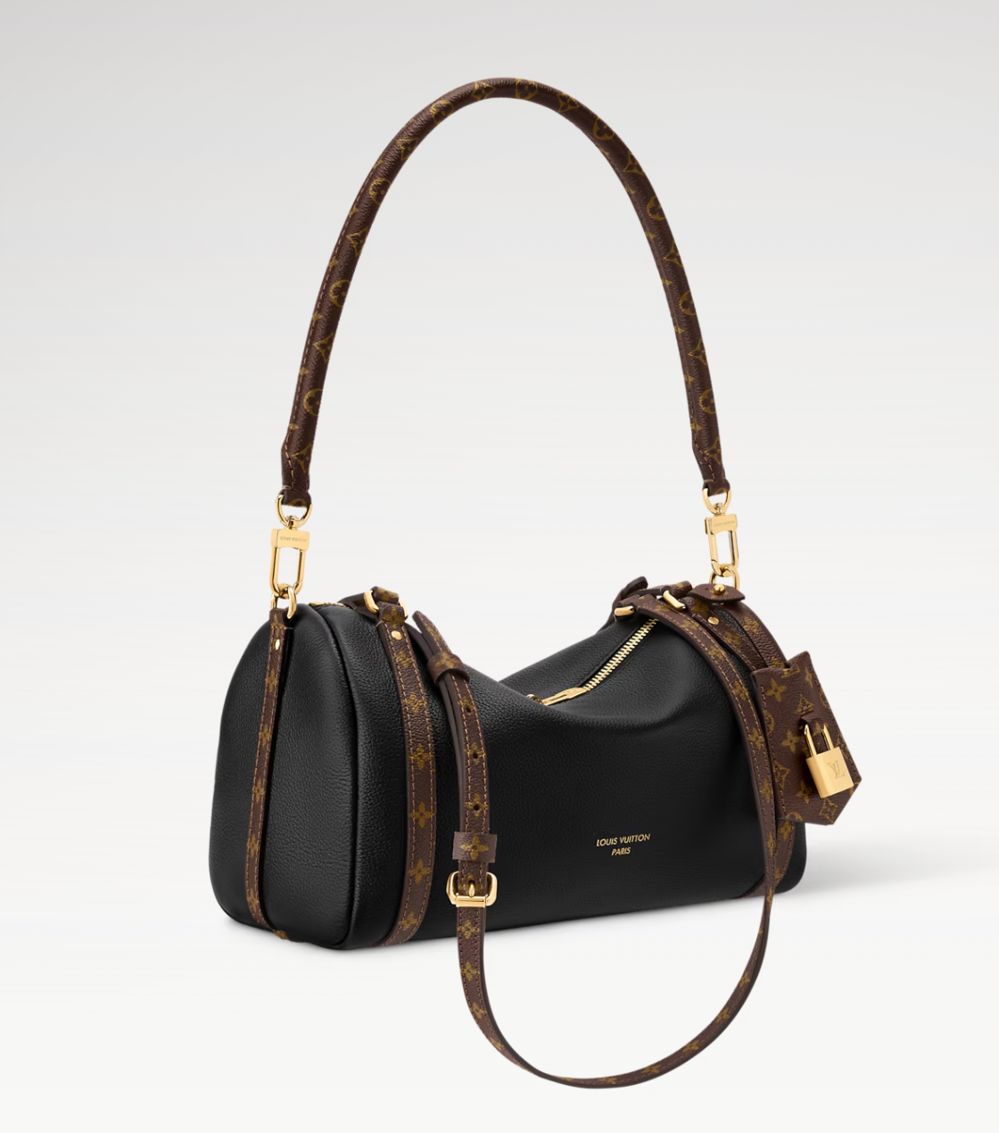 Black handbag with brown leather handle and strap on a white background