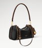 Black handbag with brown leather handle and strap on a white background