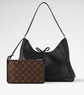 Black handbag with a matching pouch featuring Louis Vuitton monogram pattern on a light gray background