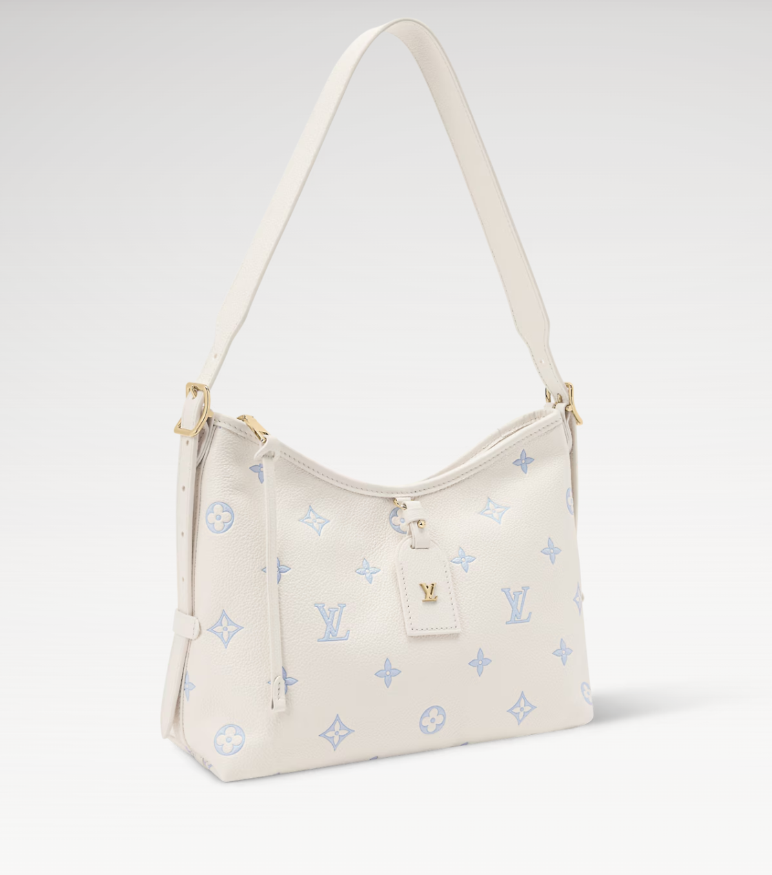 Louis Vuitton White handbag with blue patterns on a light gray background