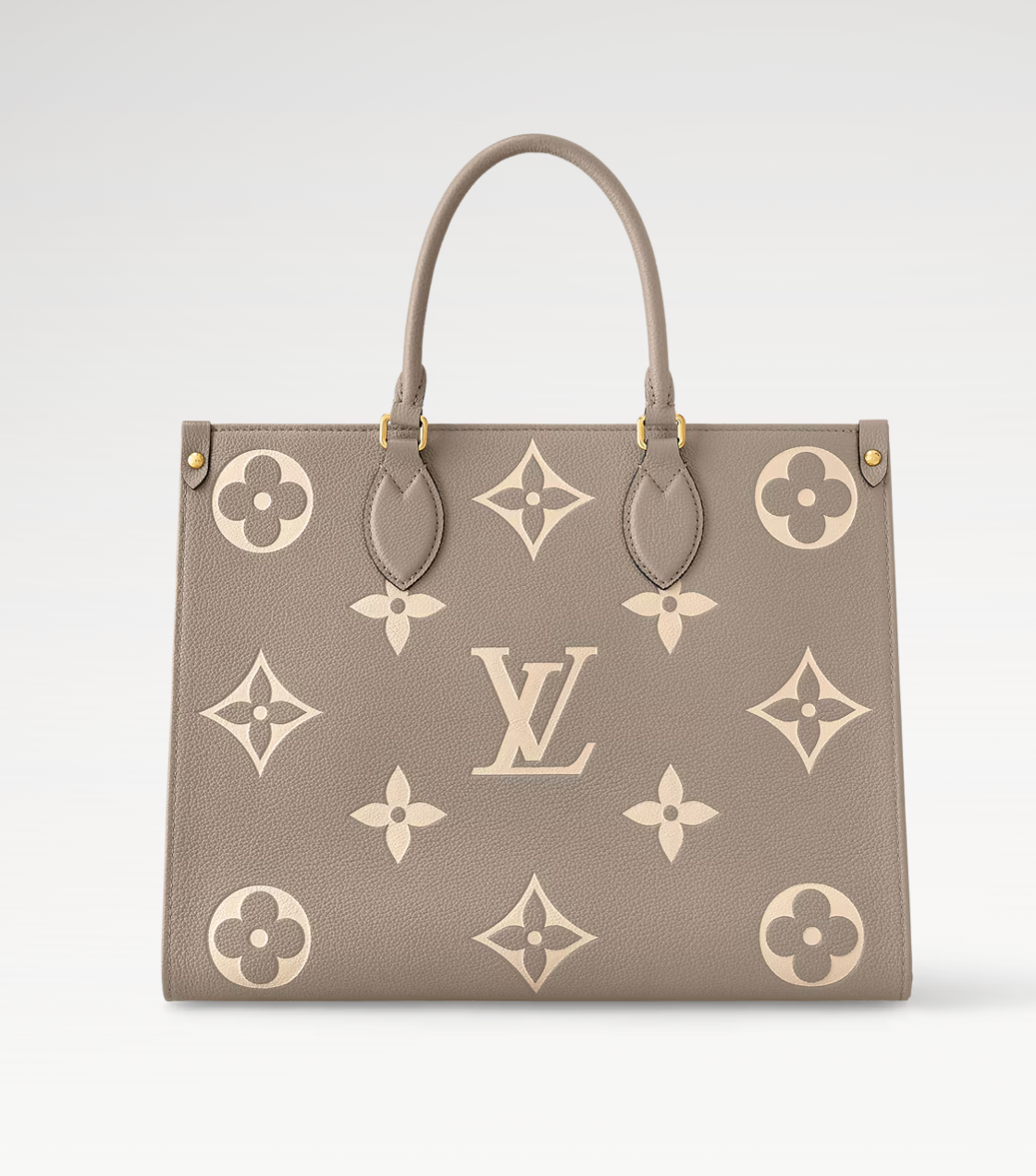 Louis Vuitton handbag with monogram pattern on a light gray background