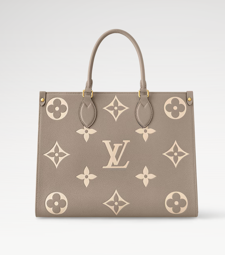 Louis Vuitton handbag with monogram pattern on a light gray background