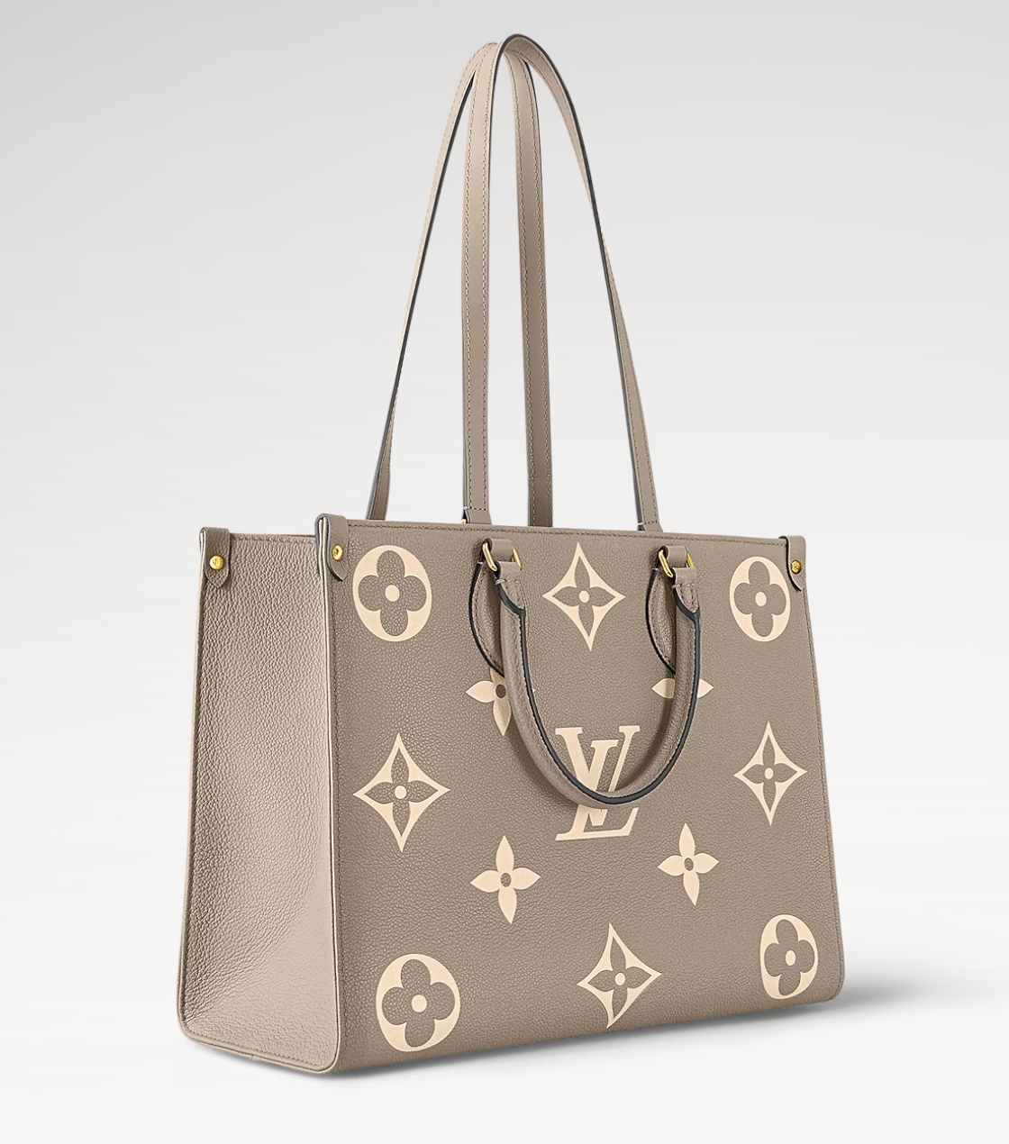 Beige handbag with Louis Vuitton logo on a light gray background
