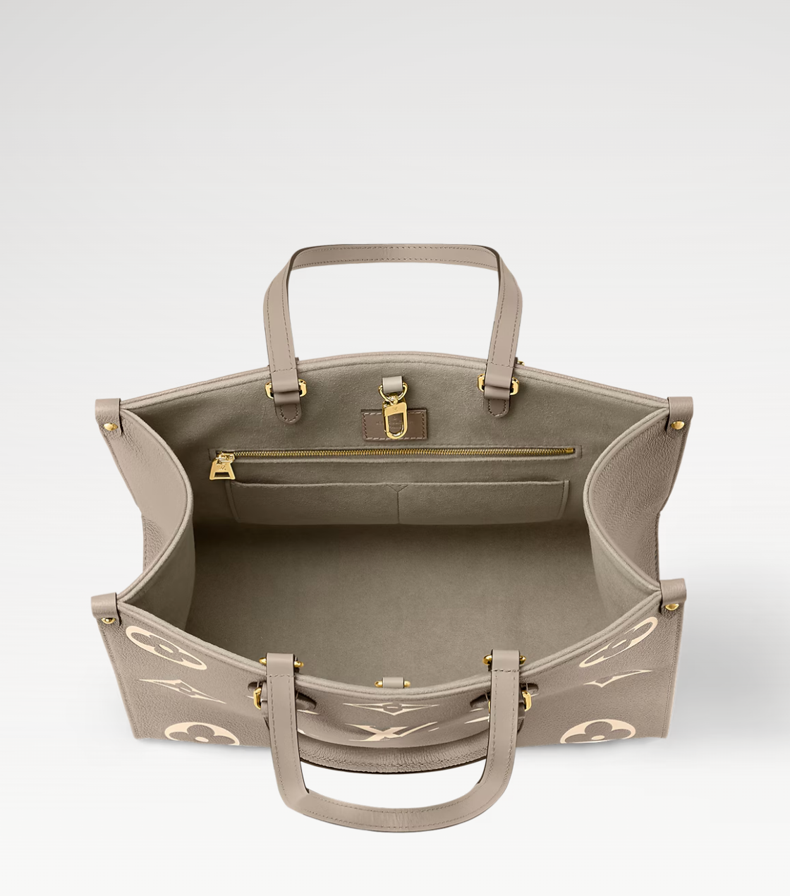 Beige handbag with gold accents on a white background