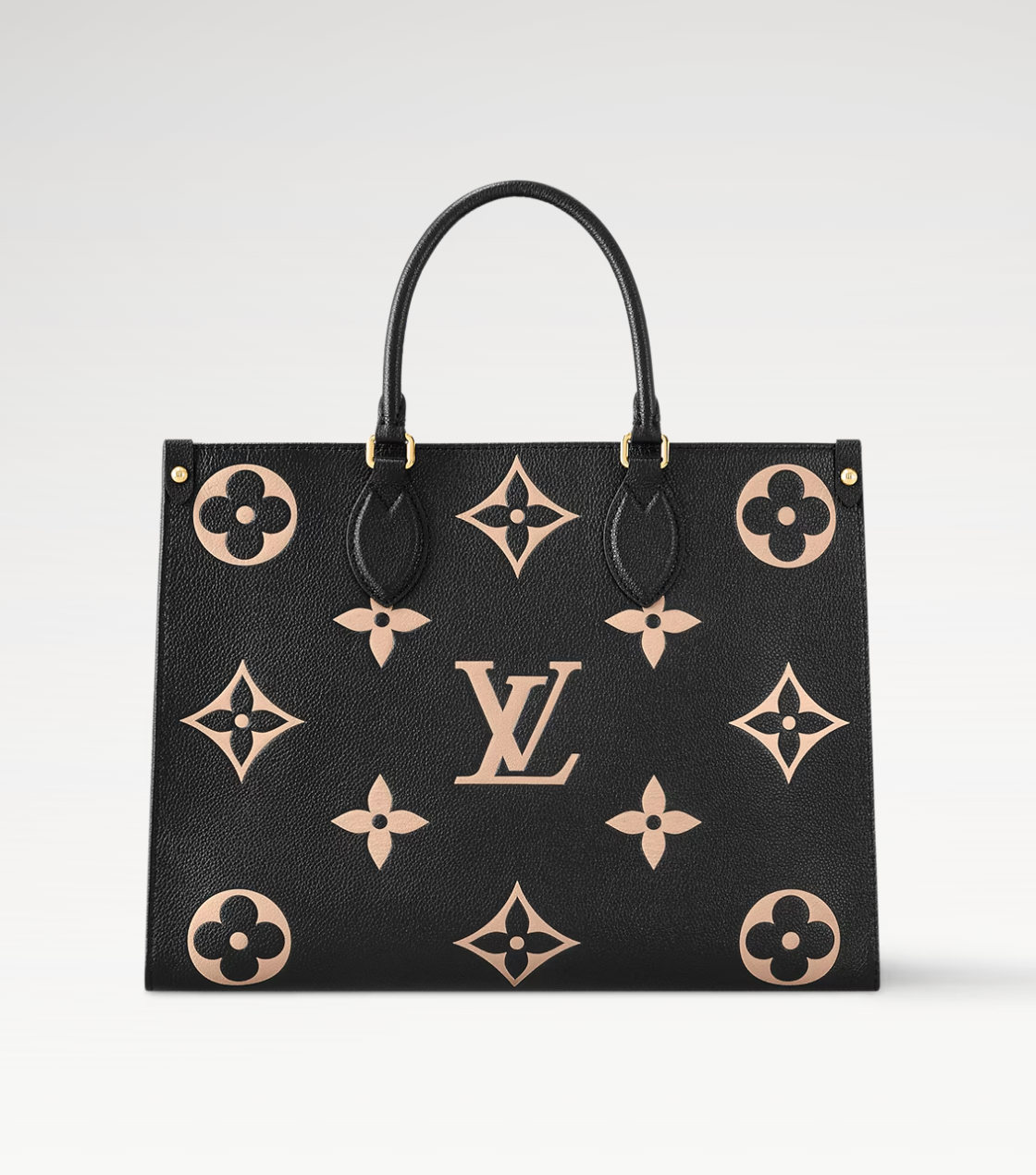Black handbag with beige monogram pattern on a white background