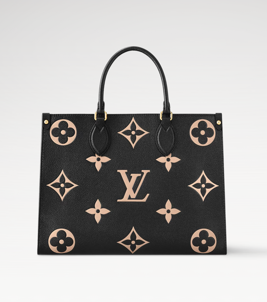 Black handbag with beige monogram pattern on a white background