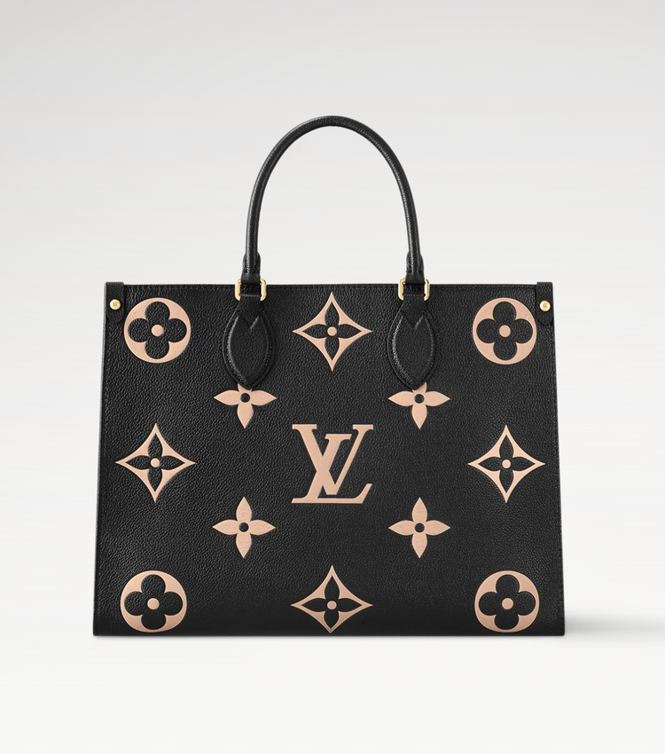 Black handbag with beige monogram pattern on a white background