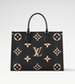 Black handbag with beige monogram pattern on a white background