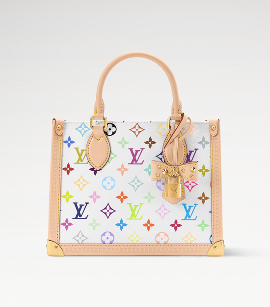 Designer Louis Vuitton handbag with colorful monogram pattern on a light gray background