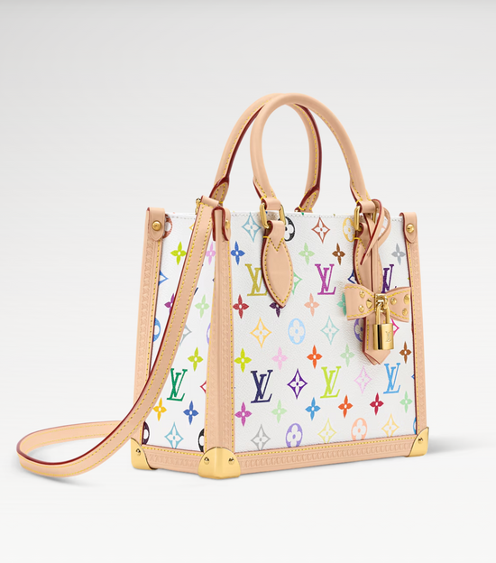 Louis Vuitton Designer handbag with colorful monogram pattern on a white background