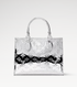 Clear handbag with LV metallic pattern and brand logo on a white background