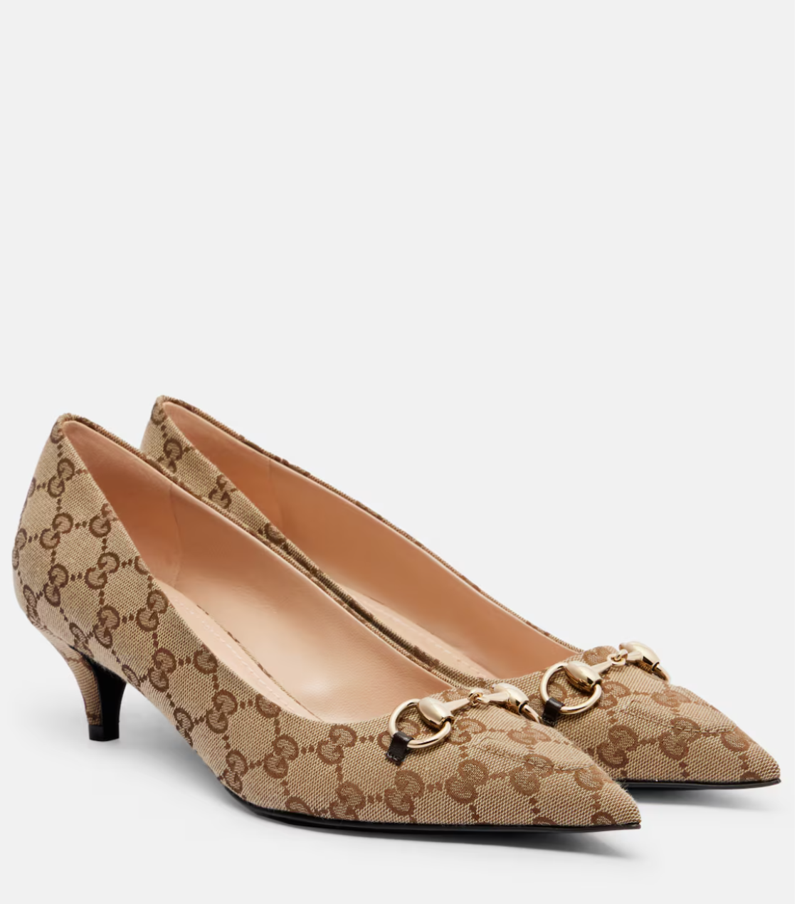 Pair of gucci beige high-heeled shoes with a pattern on a white background