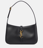 Black handbag with a gold YSL logo on a white background