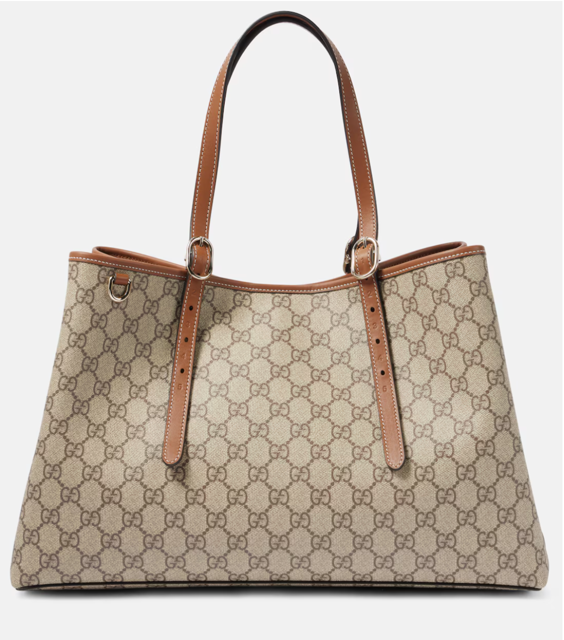 Beige gucci handbag with brown leather straps on a white background