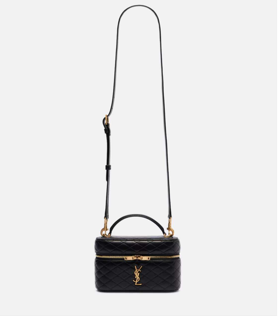 Black quilted YSL handbag with gold accents on a white background
