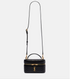 Black quilted YSL handbag with gold accents on a white background