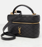Black quilted handbag with gold zipper and YSL logo on a white background