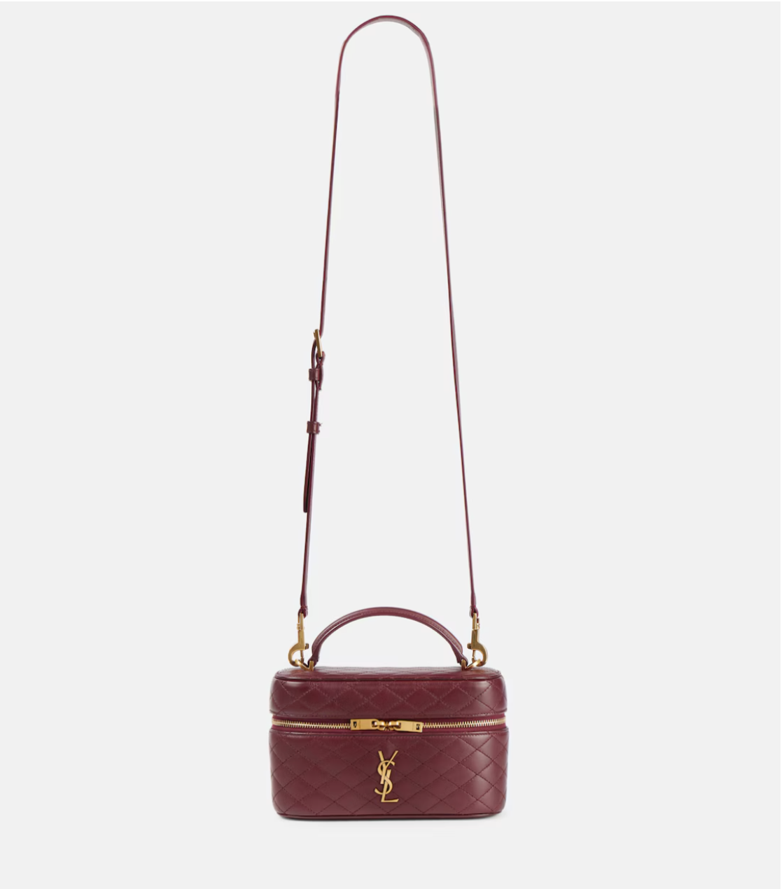 Maroon handbag with gold accents on a white background
