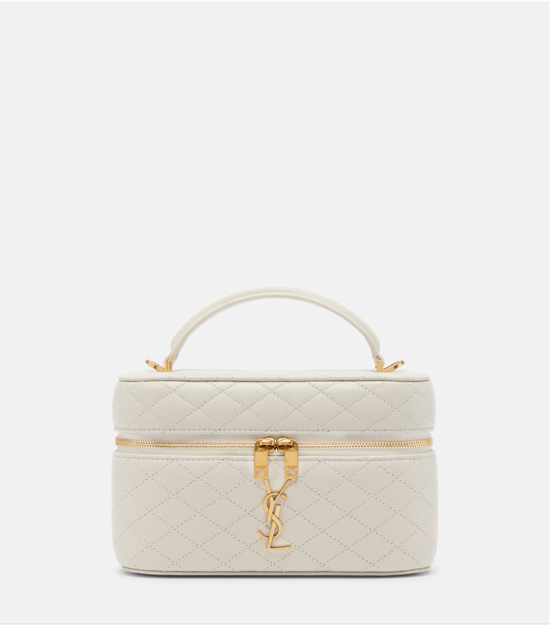 Quilted beige handbag with gold accents on a white background