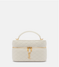 Quilted beige handbag with gold accents on a white background
