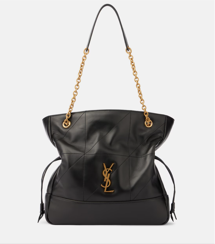 Black handbag with gold chain strap and YSL logo on a white background