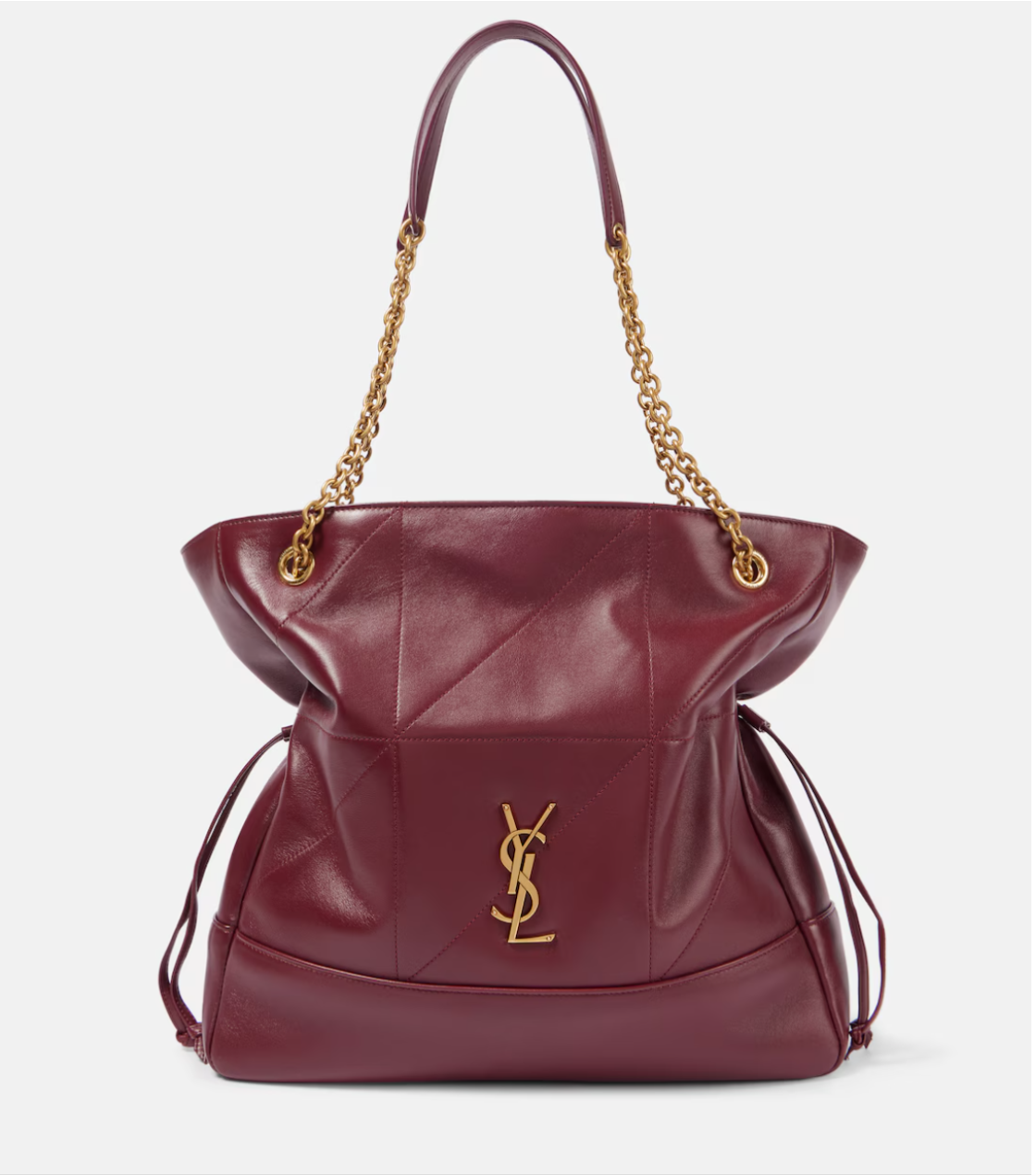 Maroon handbag with gold chain and YSL logo on a white background