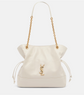 White handbag with gold chain strap and YSL logo on a light gray background