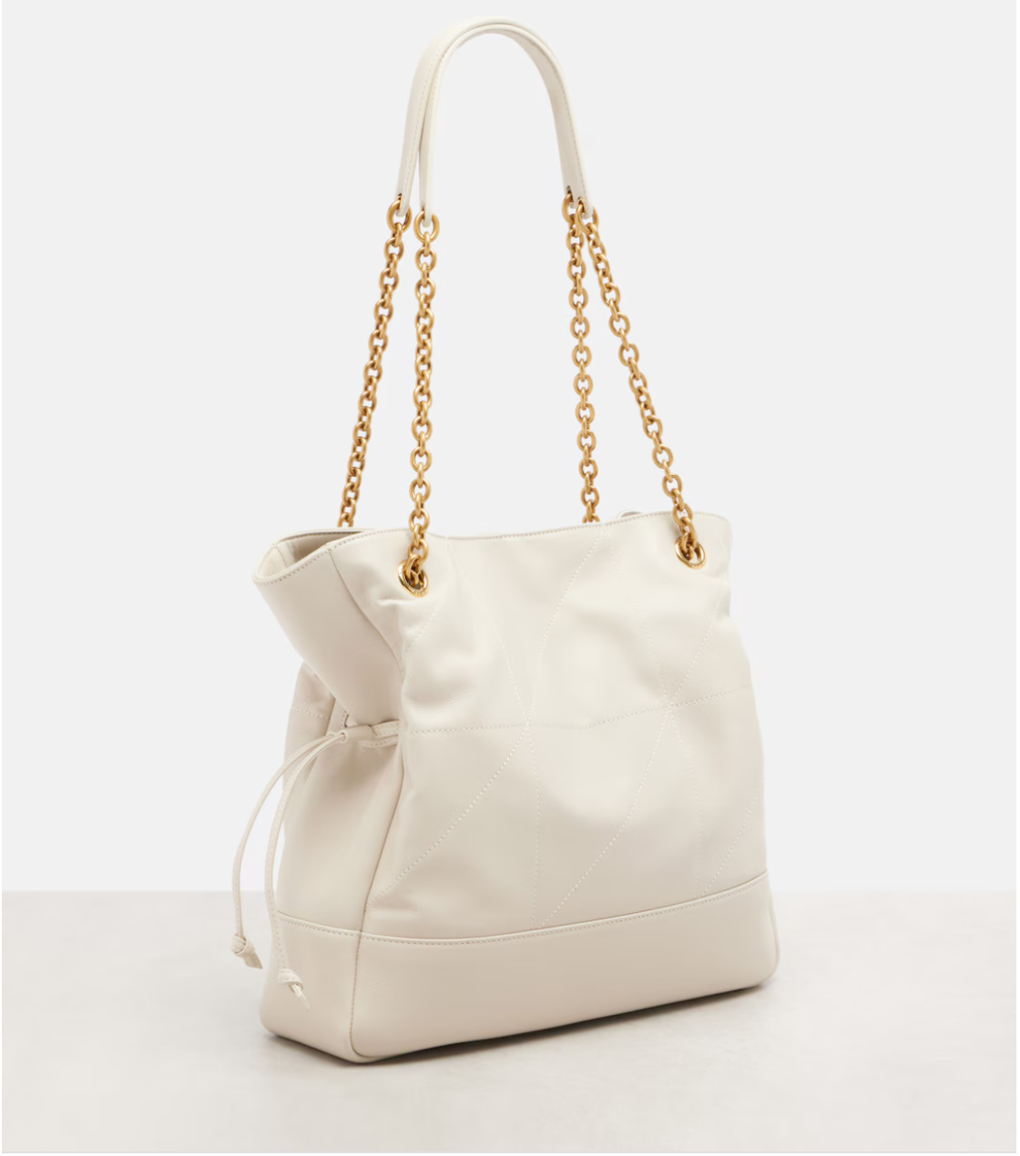 Beige handbag with gold chain strap on a white background
