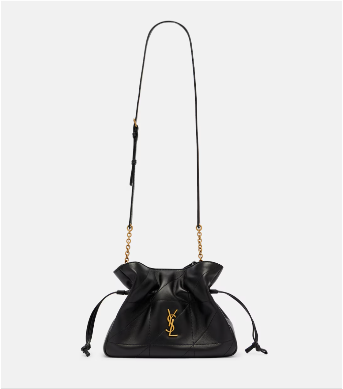 Black leather YSL handbag with a drawstring and gold chain strap on a white background