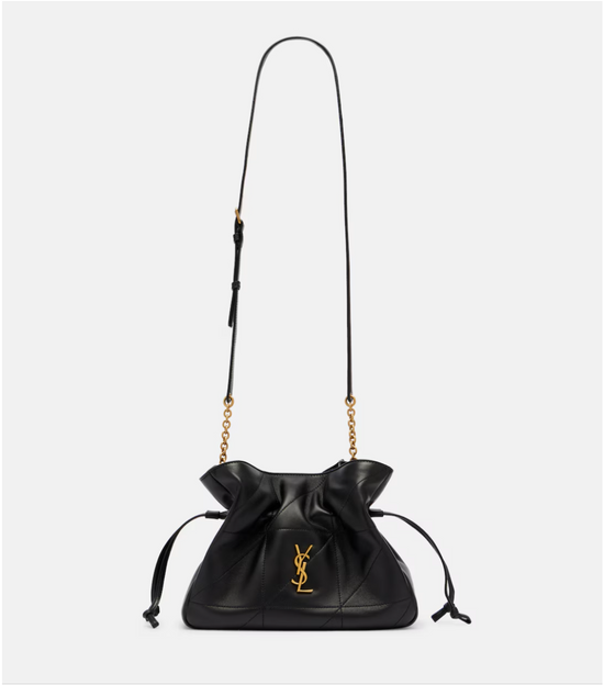 Black leather YSL handbag with a drawstring and gold chain strap on a white background