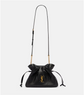 Black leather YSL handbag with a drawstring and gold chain strap on a white background