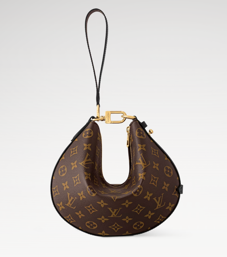 Designer handbag with monogram pattern on a light gray background