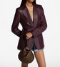 Person wearing a burgundy leather blazer holding a Louis Vuitton handbag on a white background