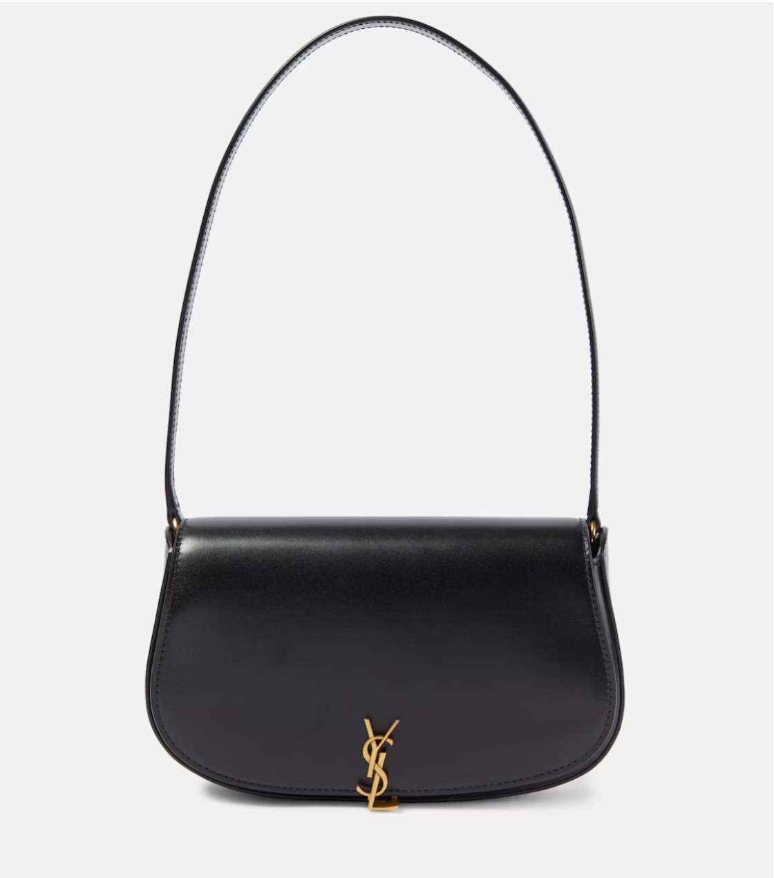 Black handbag with a gold logo on a white background