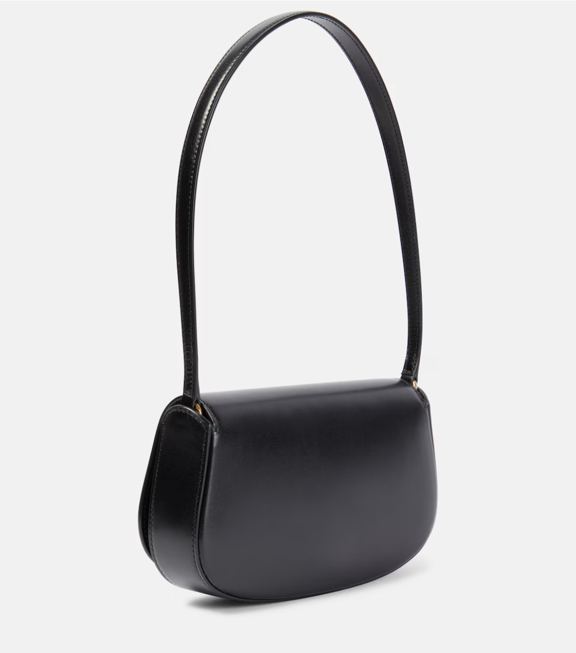 Black handbag with a strap on a light gray background