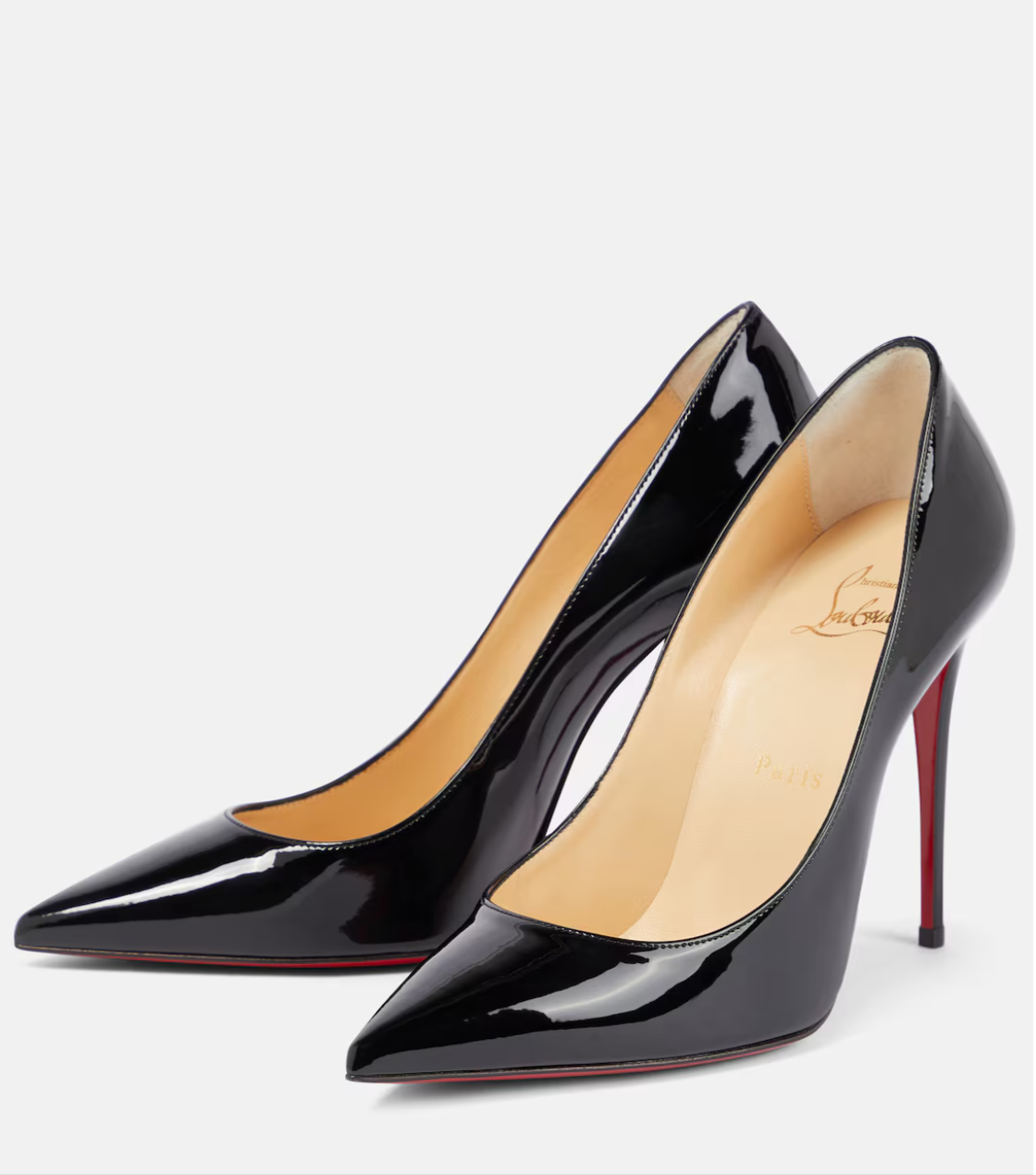 Black high-heeled shoes with a red sole on a light gray background