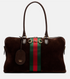 Brown handbag with a green and red stripe on a white background