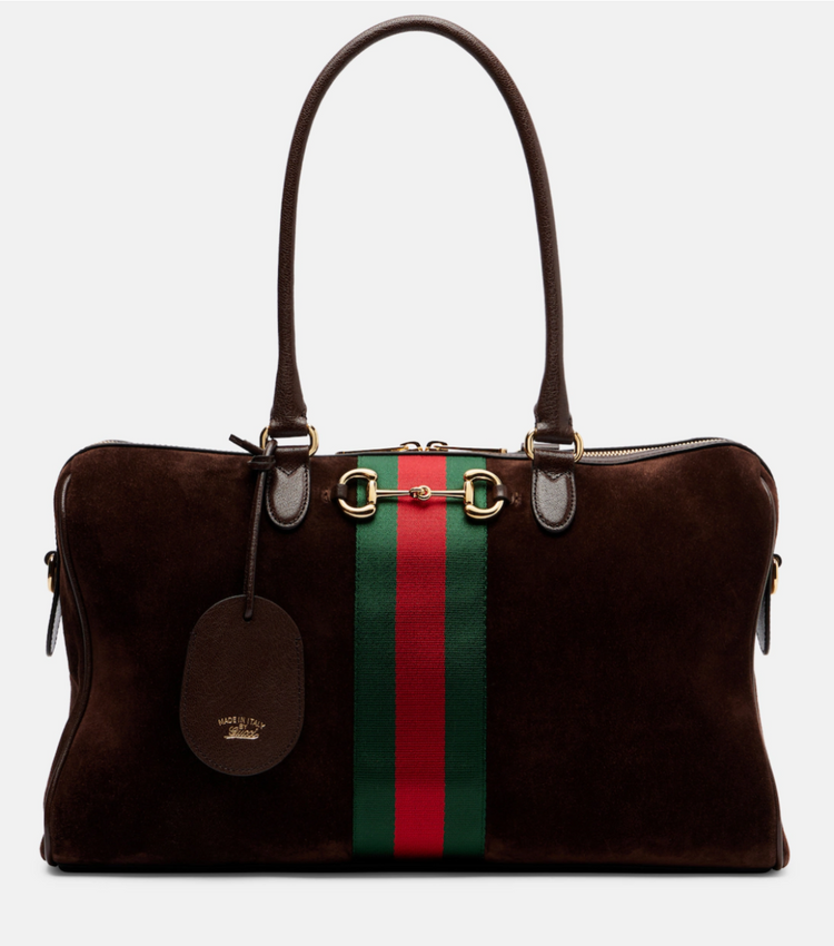 Brown handbag with a green and red stripe on a white background