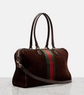 Brown handbag with red and green stripes on a white background