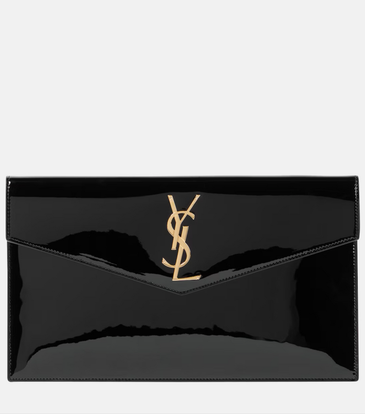Black clutch bag with gold logo on a white background