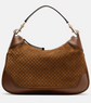 Brown handbag with a patterned design on a white background