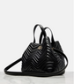 Black quilted handbag with a brand logo on a white background