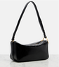 Black handbag with a shoulder strap on a white background